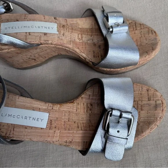 Stella McCartney Linda Cork Platform Metallic Silver Strappy Sandals 37
